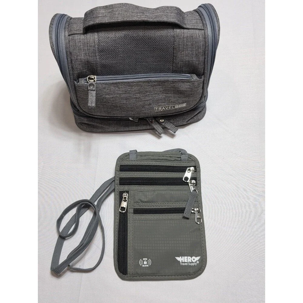 Travel Bag Troiletry Hanging Gray Organizer w/ Hero Travel Passport And Storage.